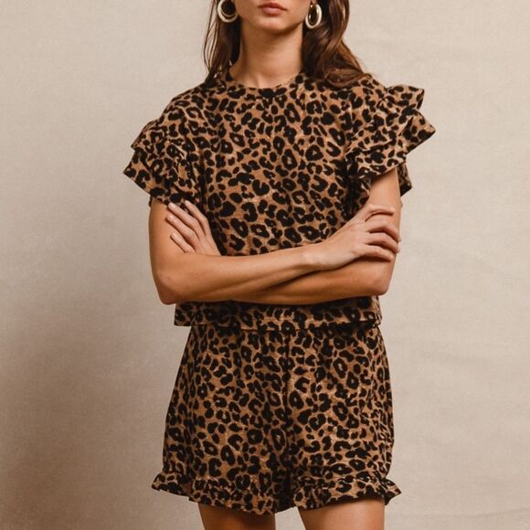 BiBi USA Leopard Print Waffle Texture Layered Ruffle Sleeve Top and Shorts Set - Picture 9 of 17
